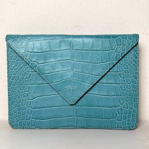 LAT for Bluefly Cerulean Croc Embossed Genuine Leather Convertible Clutch Purse - Picture 5 of 13